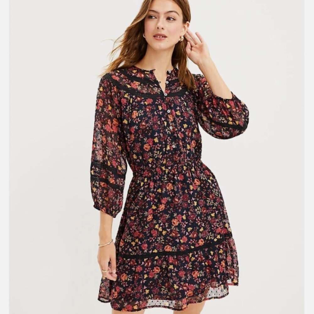LOFT Floral Long Sleeve Dress - Black and Red